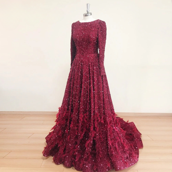 Elegant Round Neck Feather Sequin Evening Party Dress - Image 6