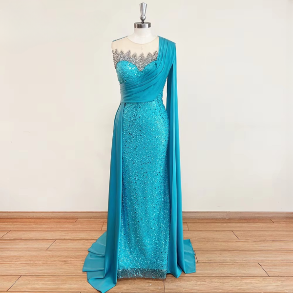 Elegant Sequin Cape Sleeves Bead Floor-Length Party Dress