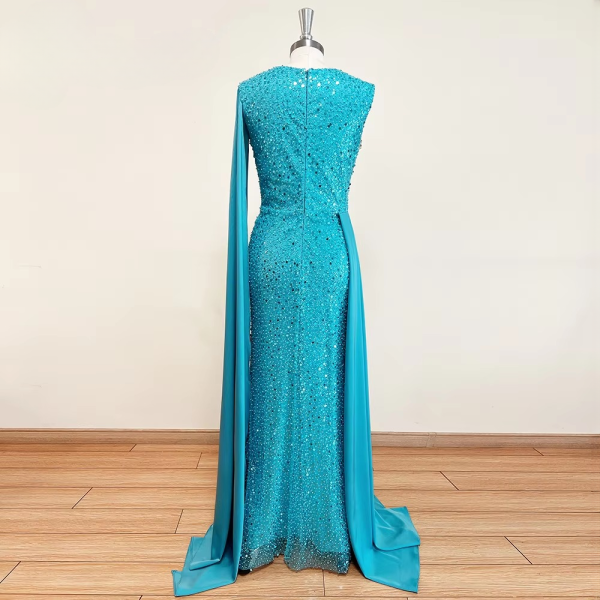 Elegant Sequin Cape Sleeves Bead Floor-Length Party Dress - Image 2