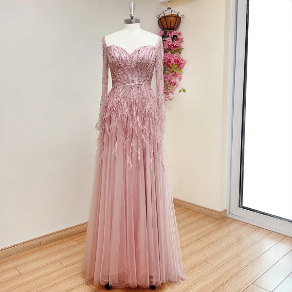 Elegant Side Slit Feather Floor-Length Evening Party Dress - Image 14