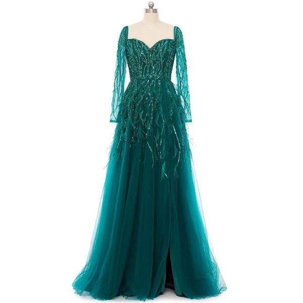 Elegant Side Slit Feather Floor-Length Evening Party Dress - Image 6