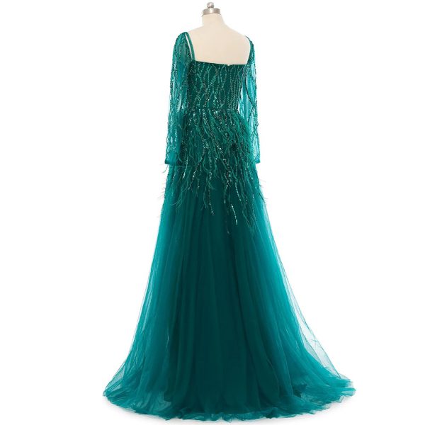 Elegant Side Slit Feather Floor-Length Evening Party Dress - Image 7