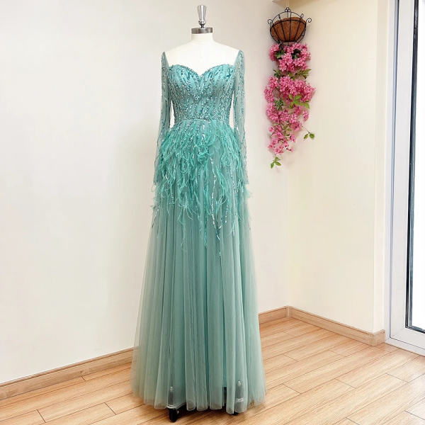 Elegant Side Slit Feather Floor-Length Evening Party Dress - Image 10