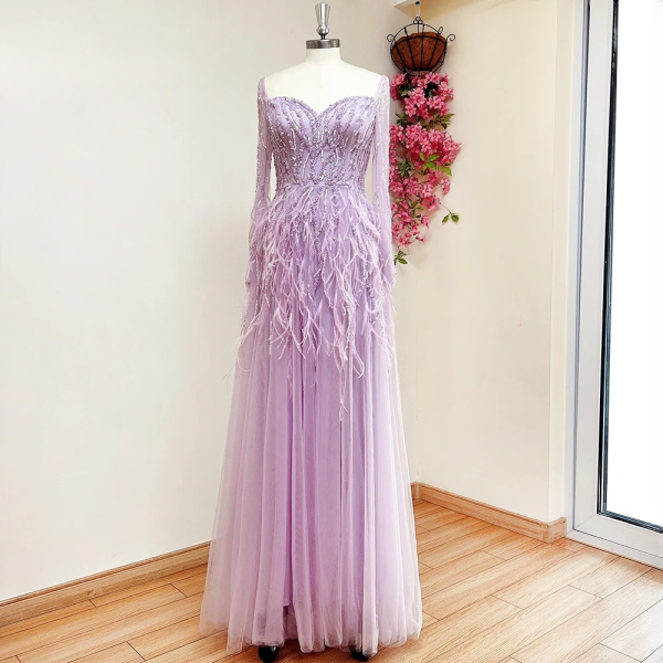 Elegant Side Slit Feather Floor-Length Evening Party Dress - Image 22