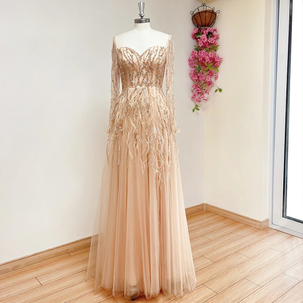 Elegant Side Slit Feather Floor-Length Evening Party Dress - Image 18