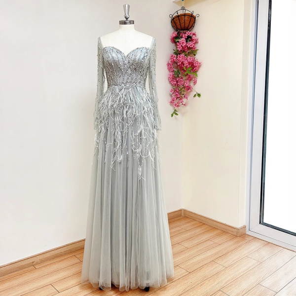 Elegant Side Slit Feather Floor-Length Evening Party Dress - Image 26