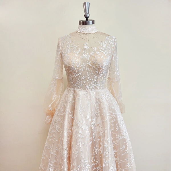 Elegant Classic High Neck Crystal Lace Evening Party Dress - Image 4