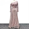 Elegant Long Sleeves One Shoulder Crystal Lace Evening Party Dress