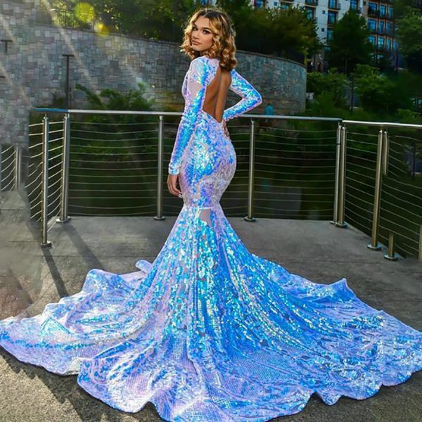 Elegant O-neck Sequin Formal Floor-Length Party Prom Dress