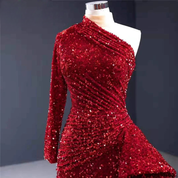 Elegant One Shoulder High Neck Sparkle Prom Dress - Image 3