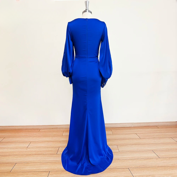 Elegant V-Neck Side Slit Satin Lace Applique Evening Party Dress - Image 5