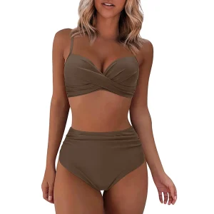 Split High Waist Two Piece Solid Color Swimwear
