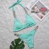 Trendy Solid Bandage Luxury Rhinestone Push Up Bikini Set - Image 17
