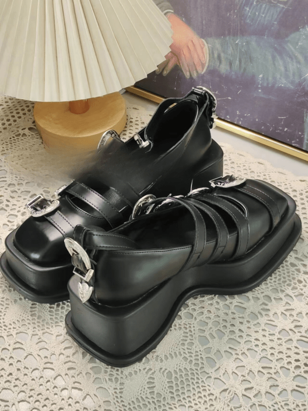 Belt Buckle Black Leather Shoes for Women Sandals Pumps Mary Jane British Style Thick Bottom Heightening Single Shoes 2023 - Image 2