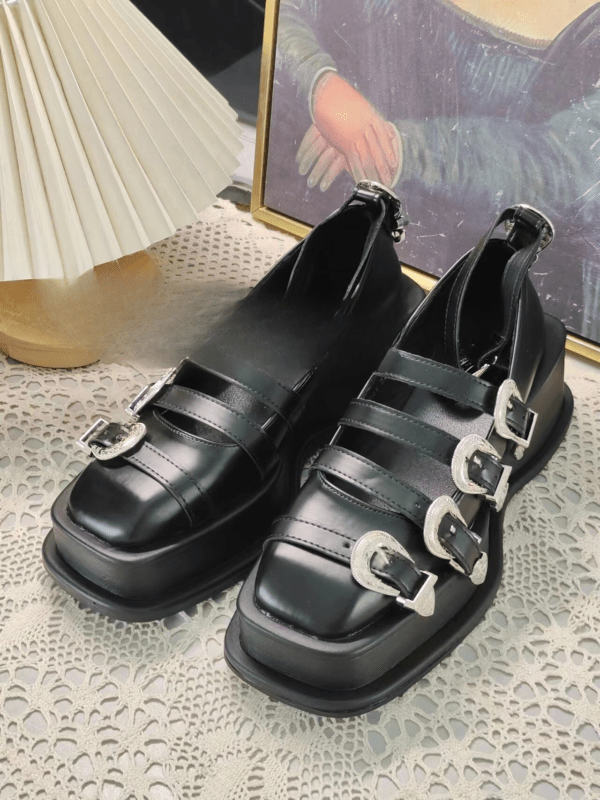 Belt Buckle Black Leather Shoes for Women Sandals Pumps Mary Jane British Style Thick Bottom Heightening Single Shoes 2023