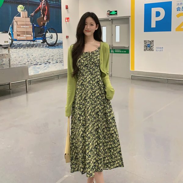 Casual Spaghetti Strap Robe Chiffon Printed 2 Piece Midi Dress - Image 6