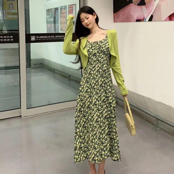 Casual Spaghetti Strap Robe Chiffon Printed 2 Piece Midi Dress