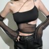 Asymmetrical Cut Out Mesh with Sleeves Transparent Camisole Crop Top