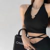Casual Lace V Neck Hearted Hollow Out Halter Slim Crop Top - Image 2