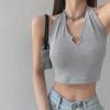 Casual Lace V Neck Hearted Hollow Out Halter Slim Crop Top - Image 3