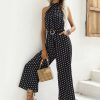Casual Printed Polka-dot Halter Neck Sling With Belt Jumpsuit