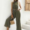 Casual Printed Polka-dot Halter Neck Sling With Belt Jumpsuit - Image 5