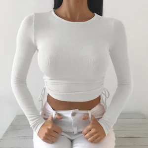 Long Sleeve Bodycon Irregular Drawstring Knitted Solid Cropped Tops
