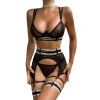 Mesh See-Through Color Blocking Choker Garter Lingerie Four-Piece Set - Image 5