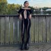 Mesh See Through Overalls for Women Fall Long Sleeve Slash Neck Sexy Cut Out Skinny Jumpsuit Biker Night Club Catsuit