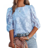Puff Sleeve Crew Collar Hollow Out Flower Patchwork Blouse Tops - Image 3