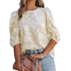 Puff Sleeve Crew Collar Hollow Out Flower Patchwork Blouse Tops - Image 6