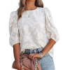 Puff Sleeve Crew Collar Hollow Out Flower Patchwork Blouse Tops - Image 5