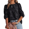 Puff Sleeve Crew Collar Hollow Out Flower Patchwork Blouse Tops - Image 4