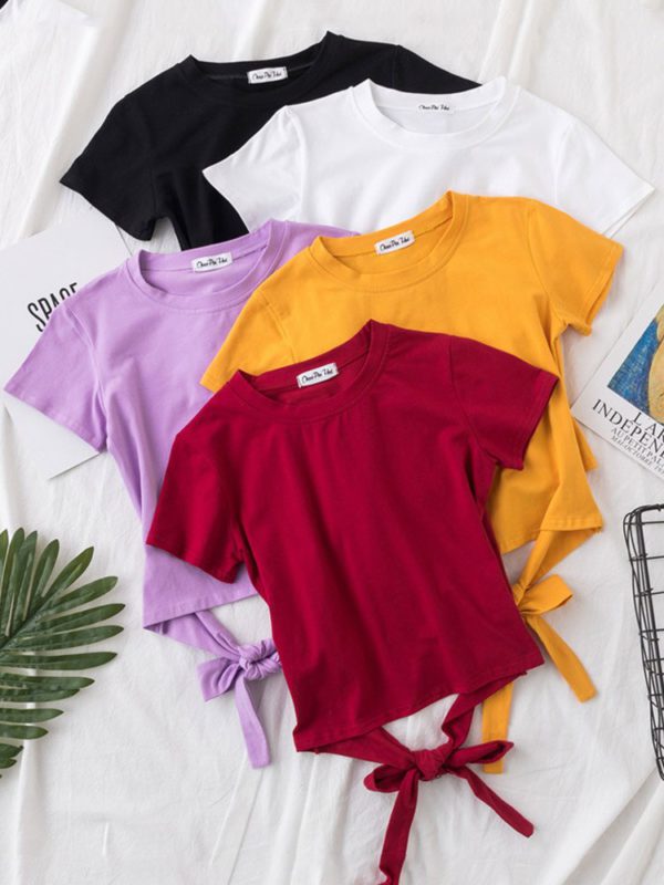Summer Solid Color T Shirt Women Cropped Tops Round Neck Short Sleeve Bow Sash Ladies Korean Clothing