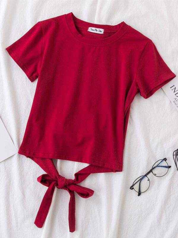 Summer Solid Color T Shirt Women Cropped Tops Round Neck Short Sleeve Bow Sash Ladies Korean Clothing - Image 3