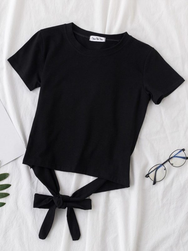 Summer Solid Color T Shirt Women Cropped Tops Round Neck Short Sleeve Bow Sash Ladies Korean Clothing - Image 4
