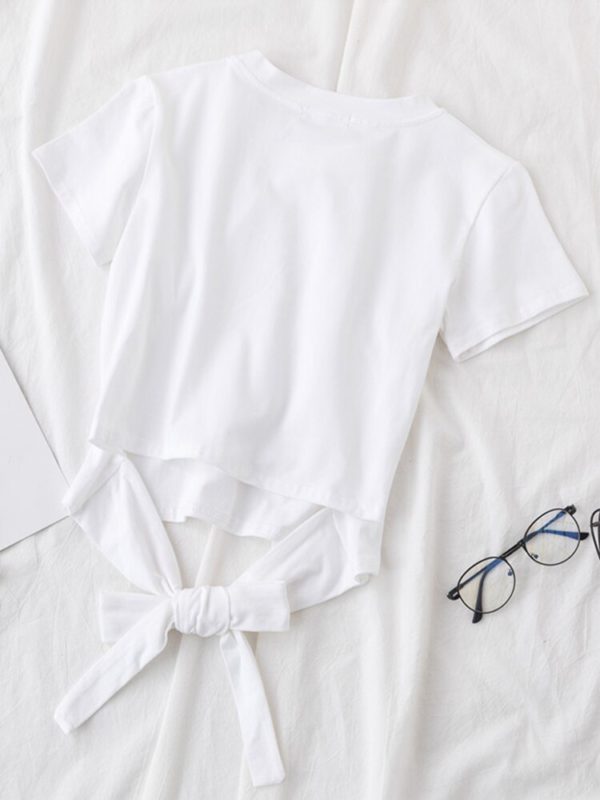 Summer Solid Color T Shirt Women Cropped Tops Round Neck Short Sleeve Bow Sash Ladies Korean Clothing - Image 5