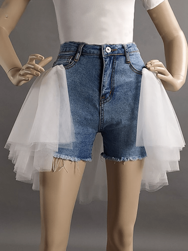 Women's Denim Shorts Spliced Lace High Waist Slim Straight Solid Color Short Jeans