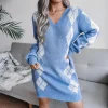 Knitted Beautiful Plaid V-Neck Long Sleeves Acrylic Dresses - Image 6