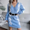 Knitted Beautiful Plaid V-Neck Long Sleeves Acrylic Dresses - Image 7