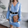 Knitted Beautiful Plaid V-Neck Long Sleeves Acrylic Dresses - Image 8