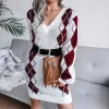Knitted Beautiful Plaid V-Neck Long Sleeves Acrylic Dresses - Image 4
