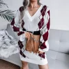 Knitted Beautiful Plaid V-Neck Long Sleeves Acrylic Dresses - Image 5