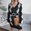 Knitted Beautiful Plaid V-Neck Long Sleeves Acrylic Dresses - Image 2