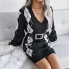 Knitted Beautiful Plaid V-Neck Long Sleeves Acrylic Dresses - Image 3