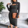 Knitted Pretty Metal Details Acrylic High Collar Sweater Midi Dress - Image 15