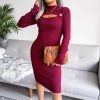 Knitted Pretty Metal Details Acrylic High Collar Sweater Midi Dress - Image 20