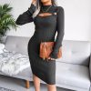 Knitted Pretty Metal Details Acrylic High Collar Sweater Midi Dress - Image 16
