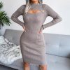 Knitted Pretty Metal Details Acrylic High Collar Sweater Midi Dress - Image 2