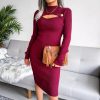 Knitted Pretty Metal Details Acrylic High Collar Sweater Midi Dress - Image 19